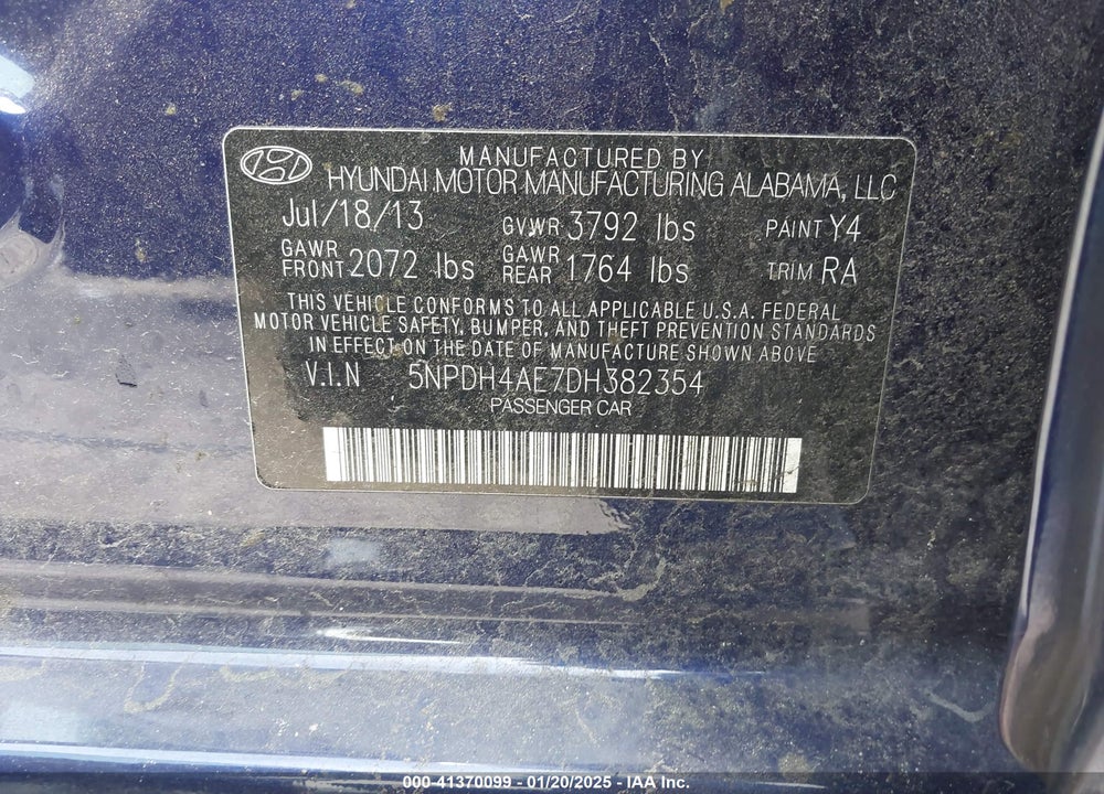 2013 HYUNDAI ELANTRA VIN: 5NPDH4AE7DH382354