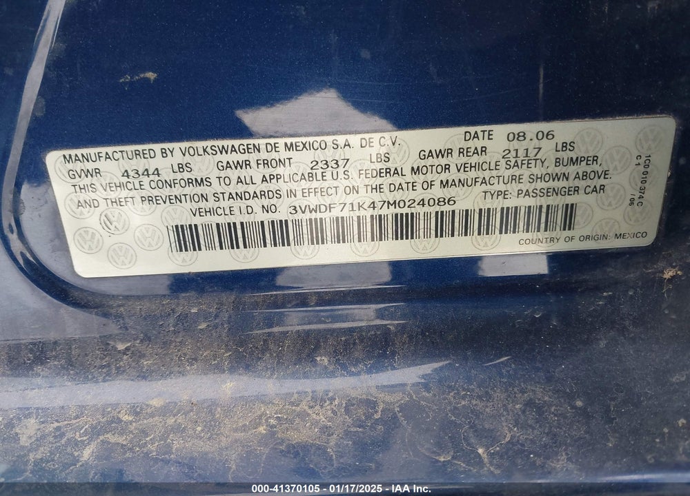 2007 VOLKSWAGEN JETTA 2.5 VIN: 3VWDF71K47M024086