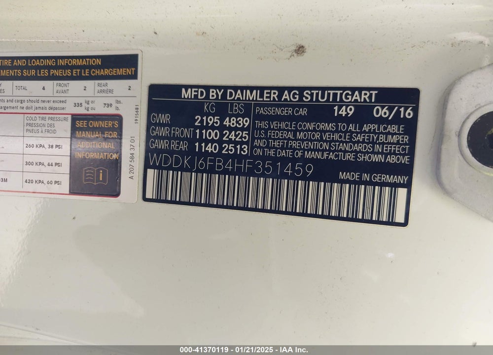 2017 MERCEDES-BENZ E 400 VIN: WDDKJ6FB4HF351459