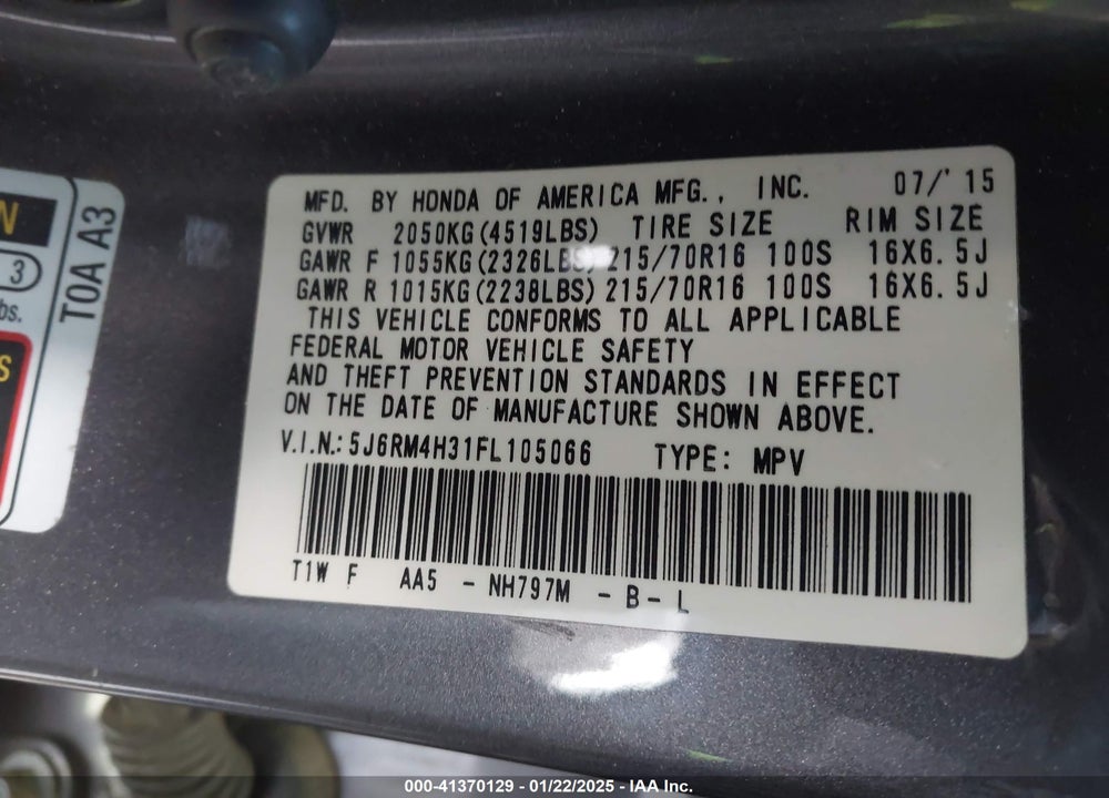 2015 HONDA CR-V LX VIN: 5J6RM4H31FL105066