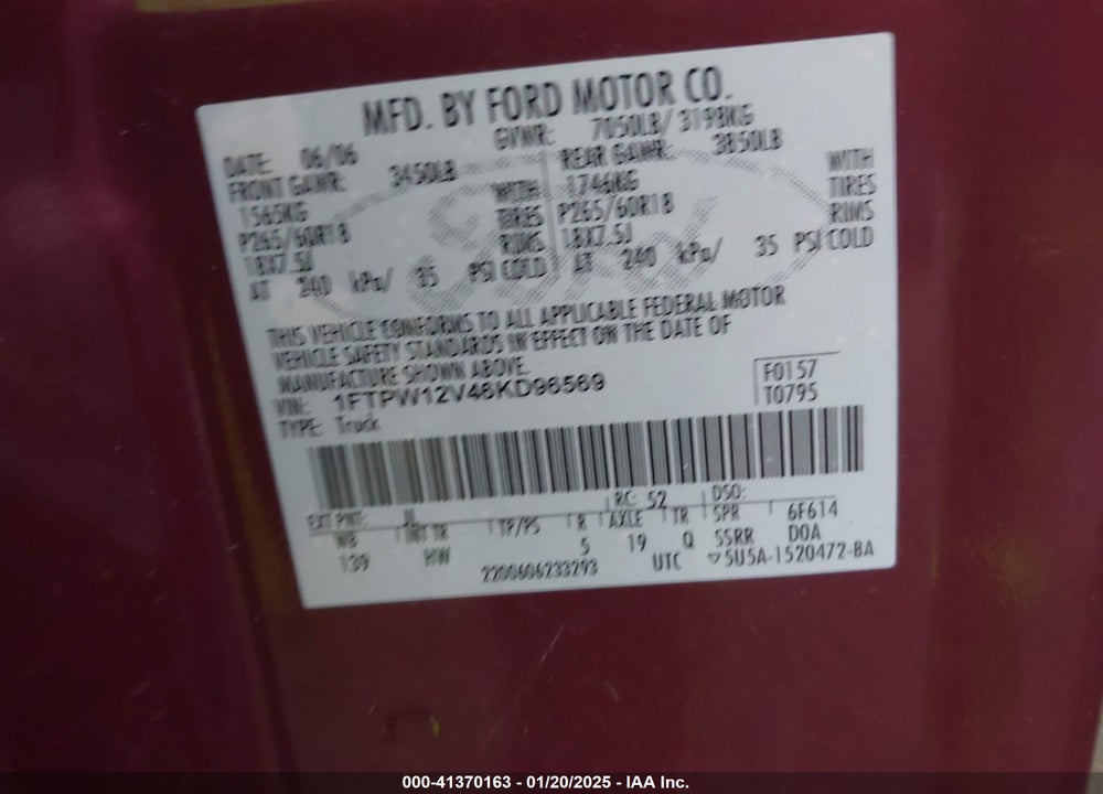 2006 FORD F-150 VIN: 1FTPW12V46KD96569