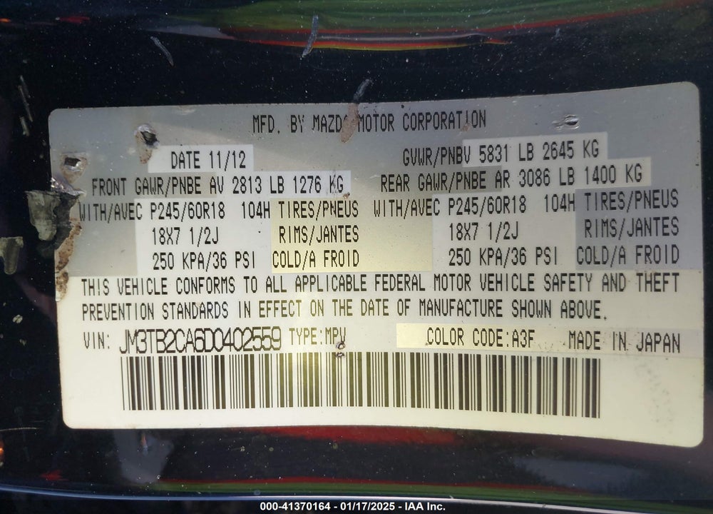 2013 MAZDA CX-9 TOURING VIN: JM3TB2CA6D0402559