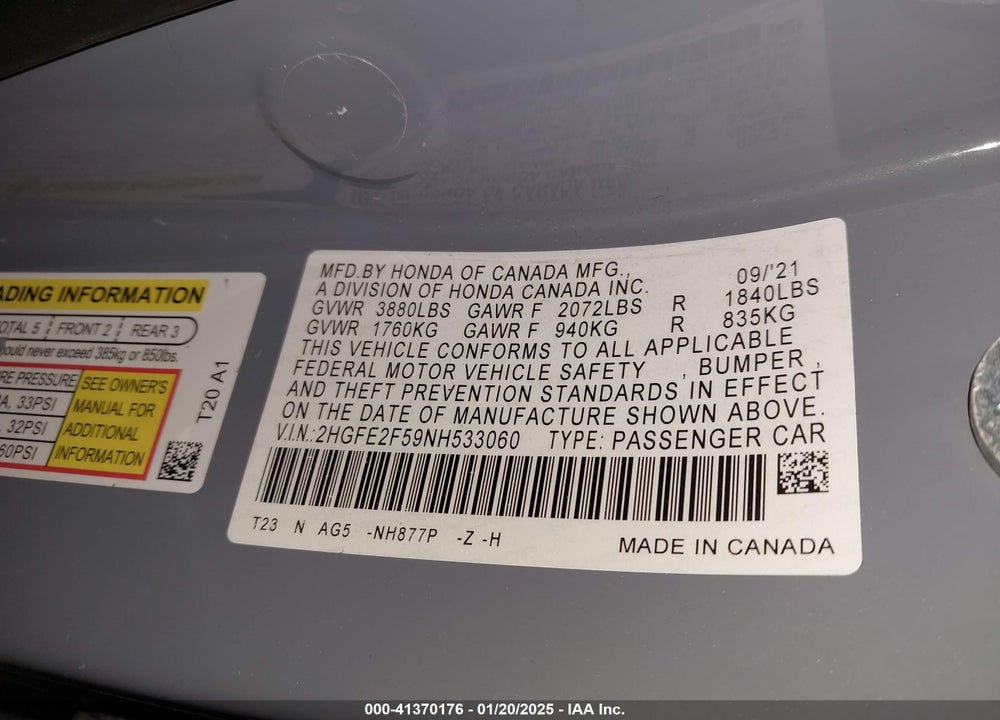 2022 HONDA CIVIC VIN: 2HGFE2F59NH533060