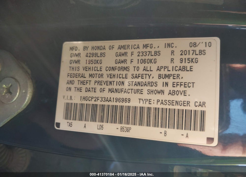 2010 HONDA ACCORD VIN: 1HGCP2F33AA196969
