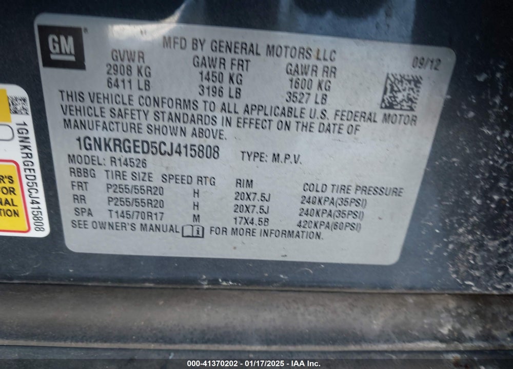 2012 CHEVROLET TRAVERSE 1LT VIN: 1GNKRGED5CJ415808