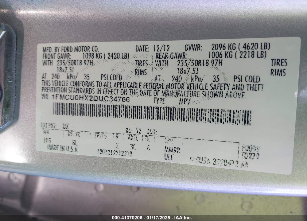 2013 FORD ESCAPE SEL VIN: 1FMCU0HX2DUC34766