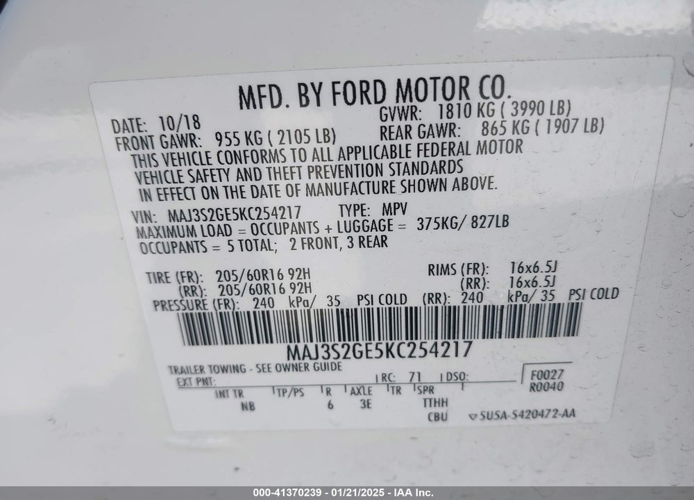 2019 FORD ECOSPORT SE VIN: MAJ3S2GE5KC254217