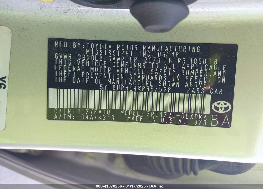 2019 TOYOTA COROLLA L VIN: 5YFBURHE4KP857528