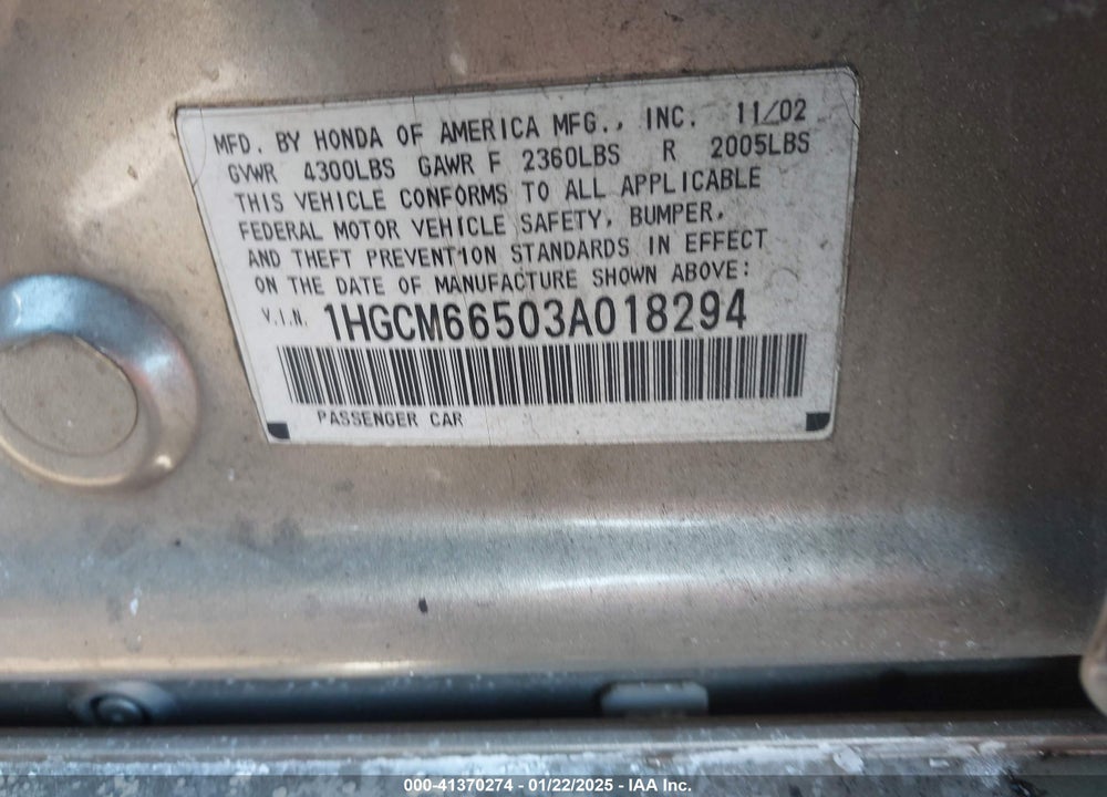 2003 HONDA ACCORD 3.0 EX VIN: 1HGCM66503A018294