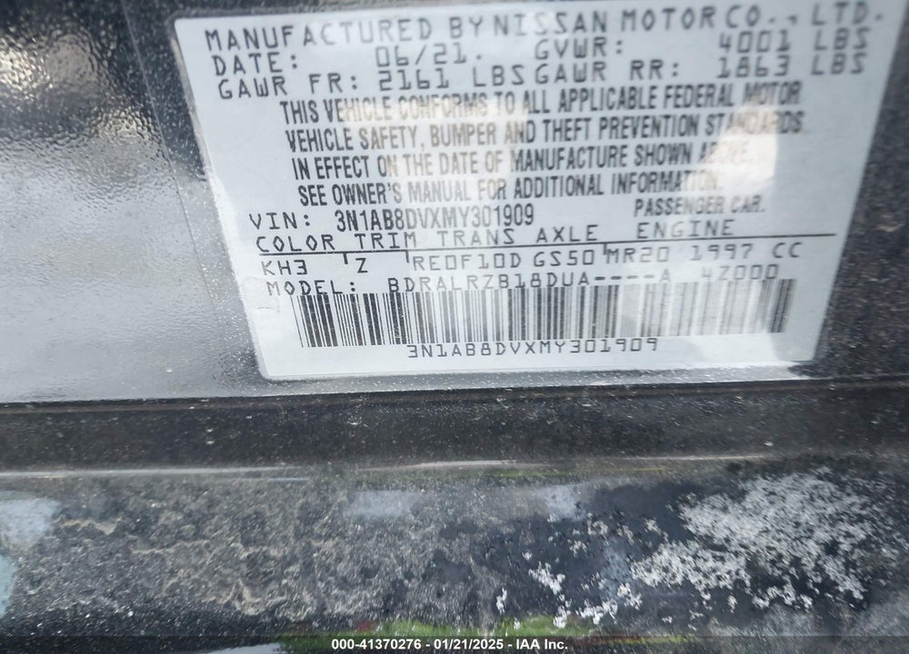 2021 NISSAN SENTRA VIN: 3N1AB8DVXMY301909