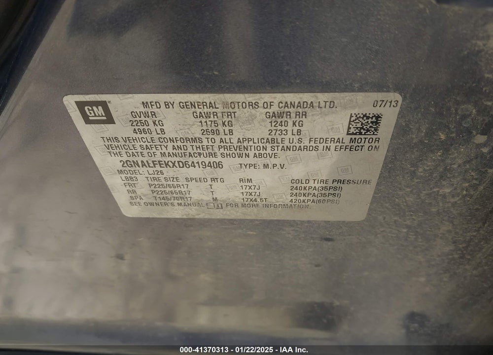 2013 CHEVROLET EQUINOX VIN: 2GNALFEKXD6419406