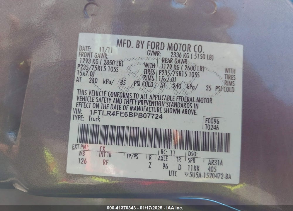 2011 FORD RANGER XLT VIN: 1FTLR4FE6BPB07724