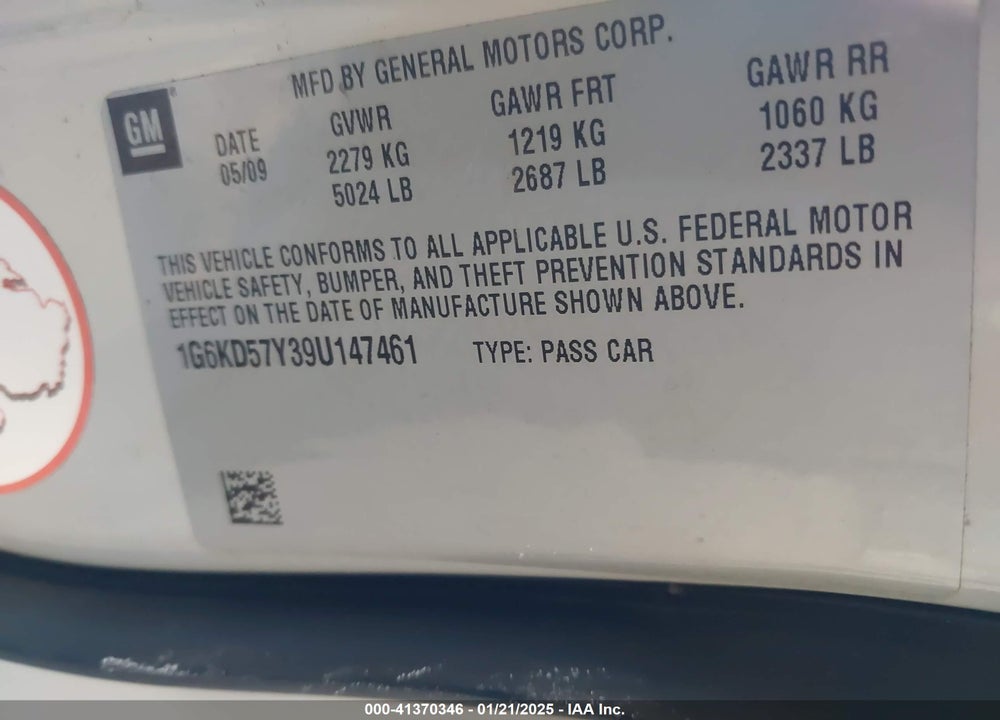 2009 CADILLAC DTS 1SC VIN: 1G6KD57Y39U147461