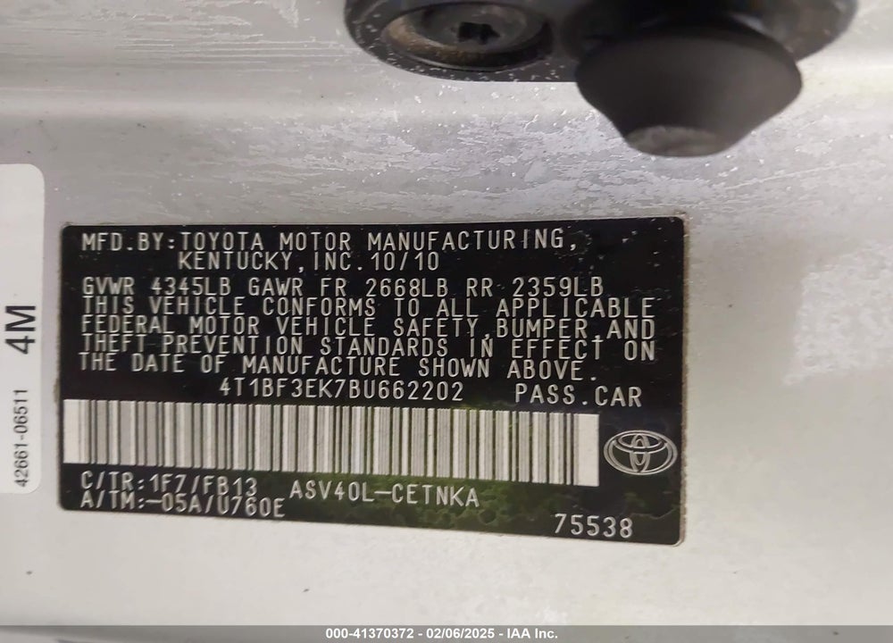 2011 TOYOTA CAMRY VIN: 4T1BF3EK7BU662202