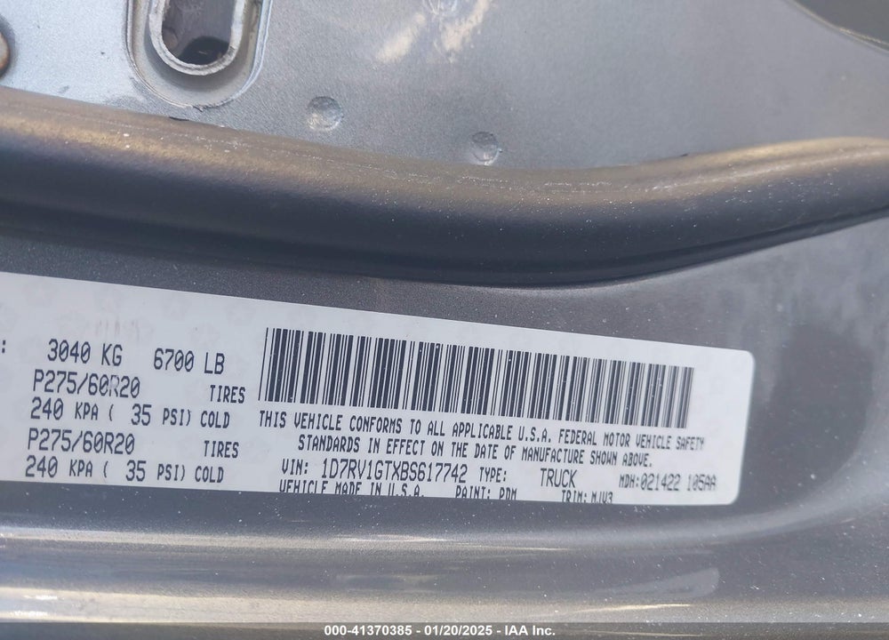 2011 RAM RAM 1500 VIN: 1D7RV1GTXBS617742