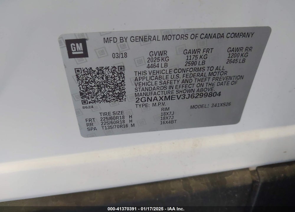 2018 CHEVROLET EQUINOX PREMIER VIN: 2GNAXMEV3J6299804