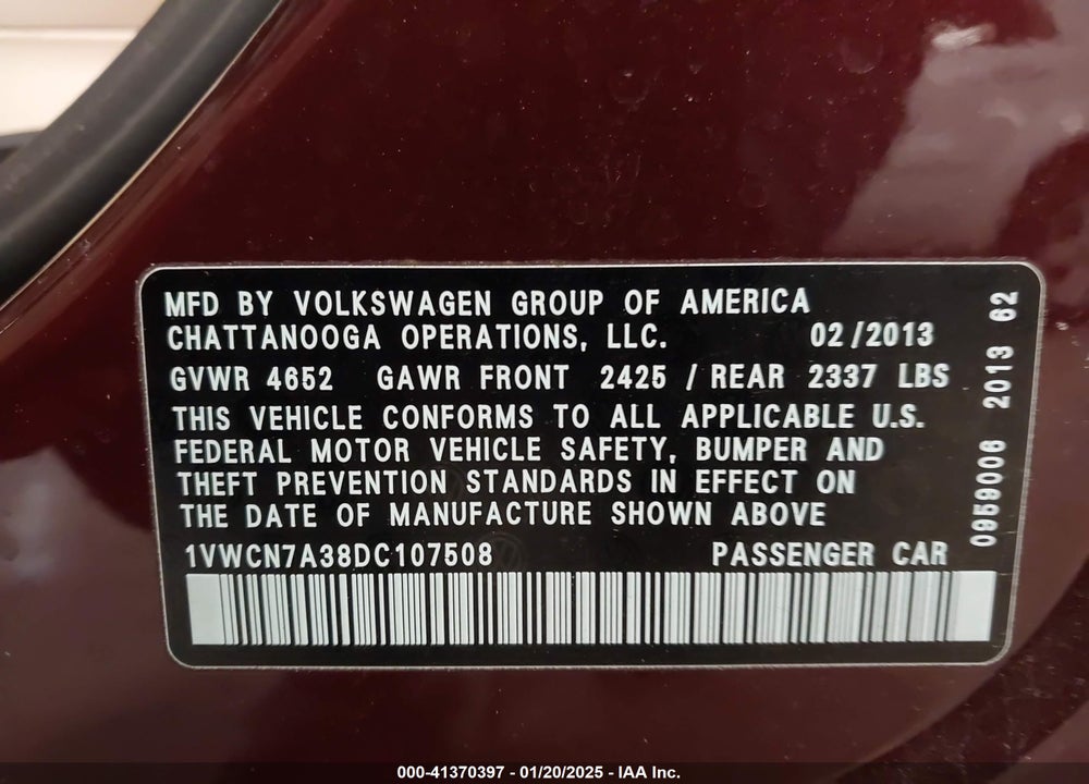 2013 VOLKSWAGEN PASSAT VIN: 1VWCN7A38DC107508
