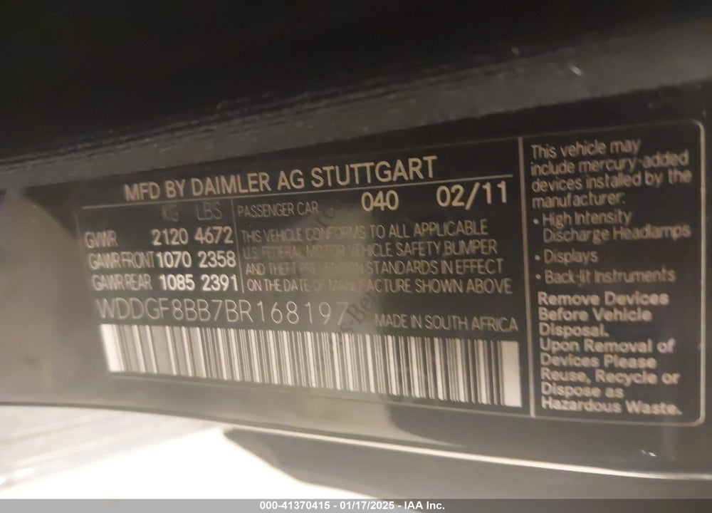2011 MERCEDES-BENZ C 300 VIN: WDDGF8BB7BR168197