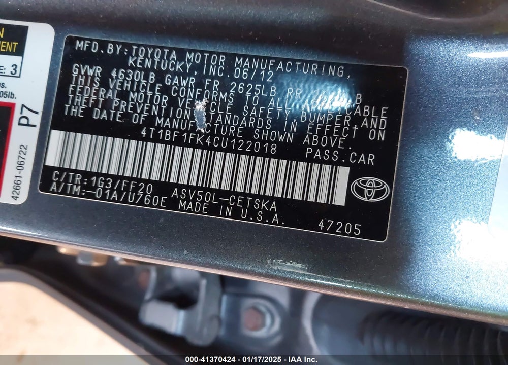 2012 TOYOTA CAMRY SE VIN: 4T1BF1FK4CU122018