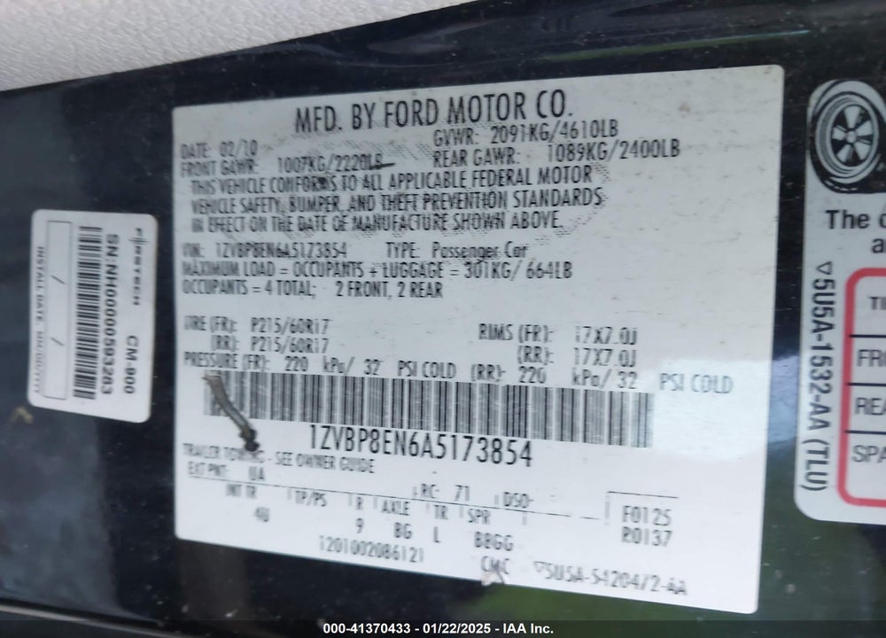 2010 FORD MUSTANG VIN: 1ZVBP8EN6A5173854