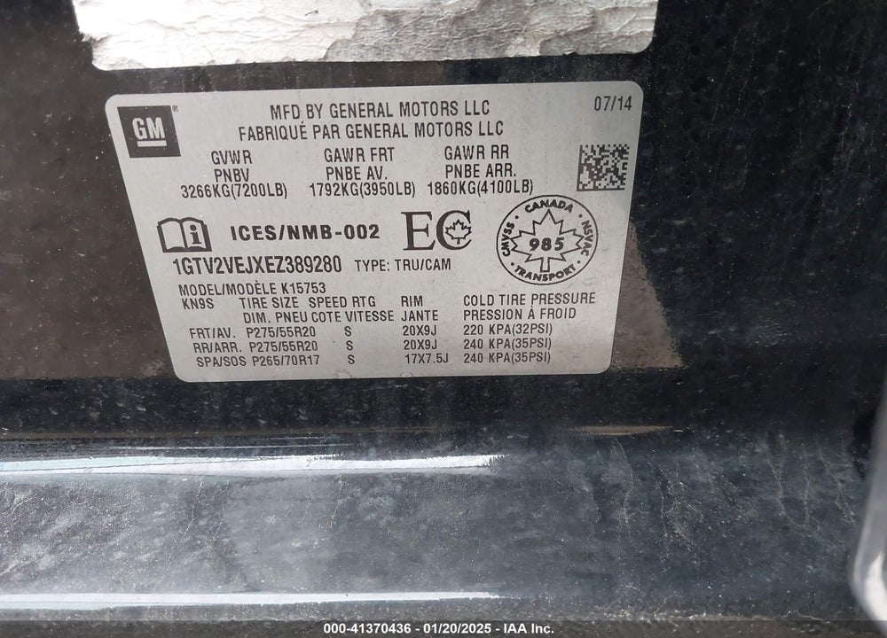 2014 GMC SIERRA VIN: 1GTV2VEJXEZ389280