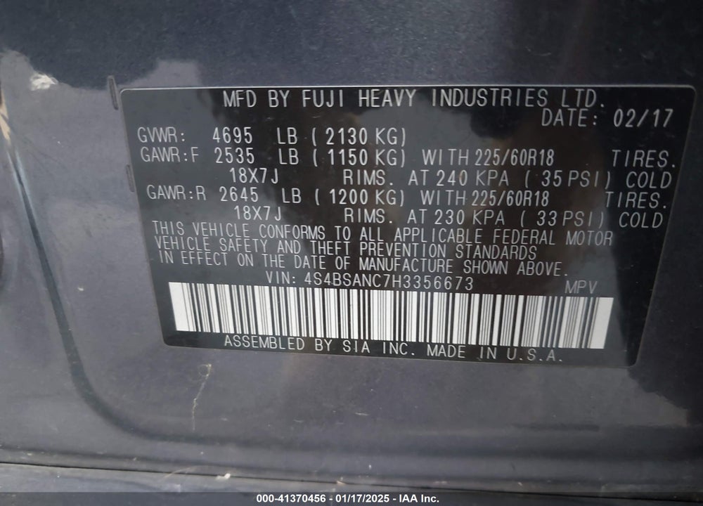 2017 SUBARU OUTBACK 2.5I LIMITED VIN: 4S4BSANC7H3356673