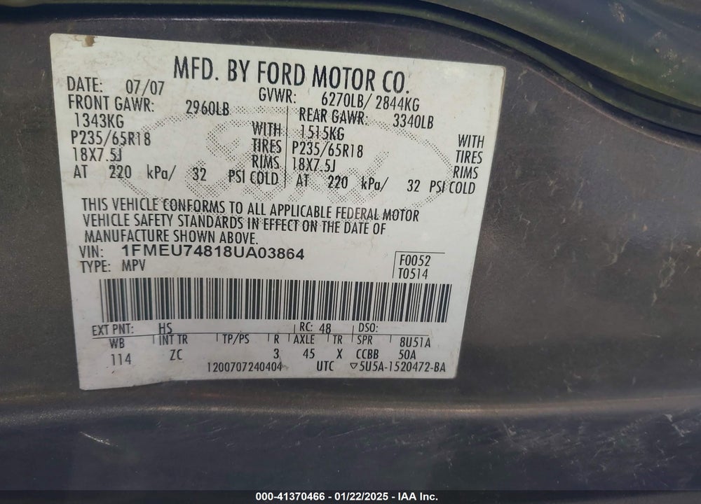 2008 FORD EXPLORER EDDIE BAUER VIN: 1FMEU74818UA03864
