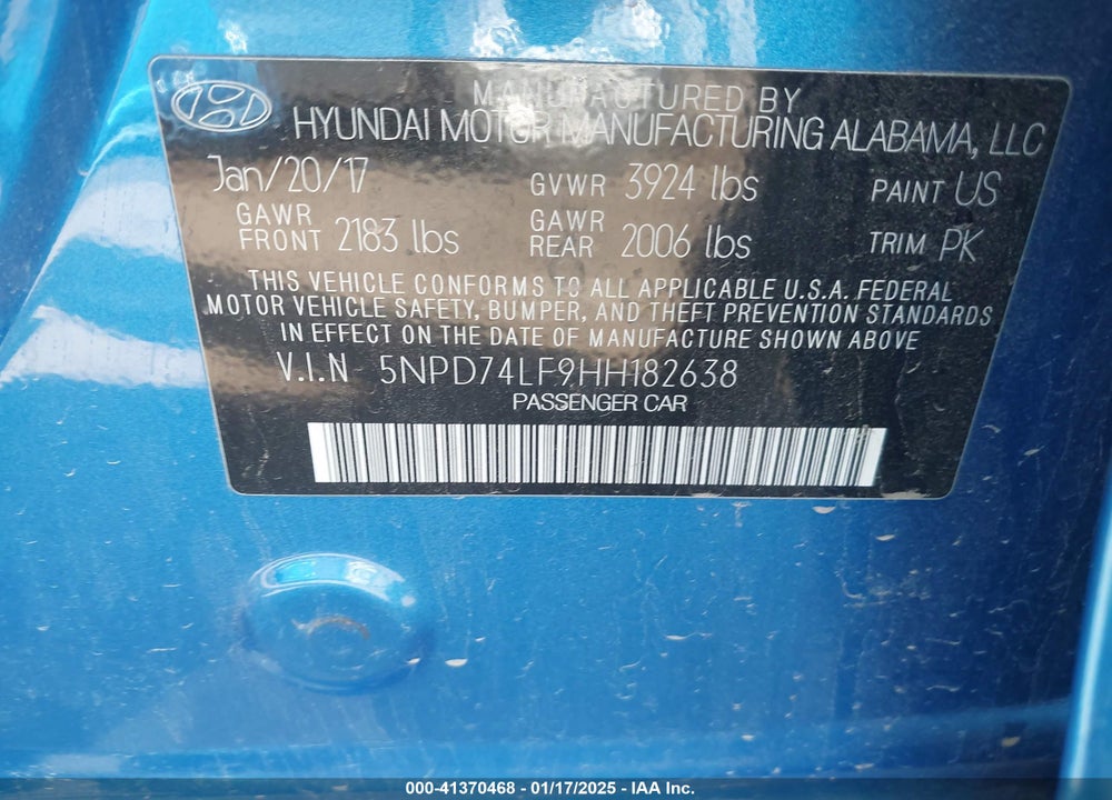 2017 HYUNDAI ELANTRA VIN: 5NPD74LF9HH182638
