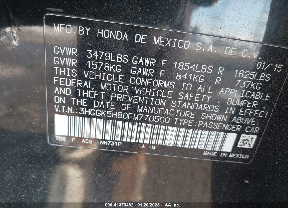 2015 HONDA FIT EX/EX-L VIN: 3HGGK5H80FM770500
