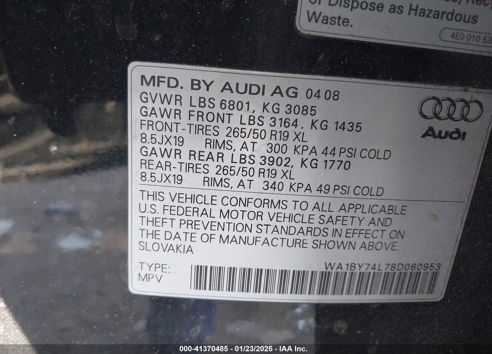2008 AUDI Q7 3.6 PREMIUM VIN: WA1BY74L78D060953