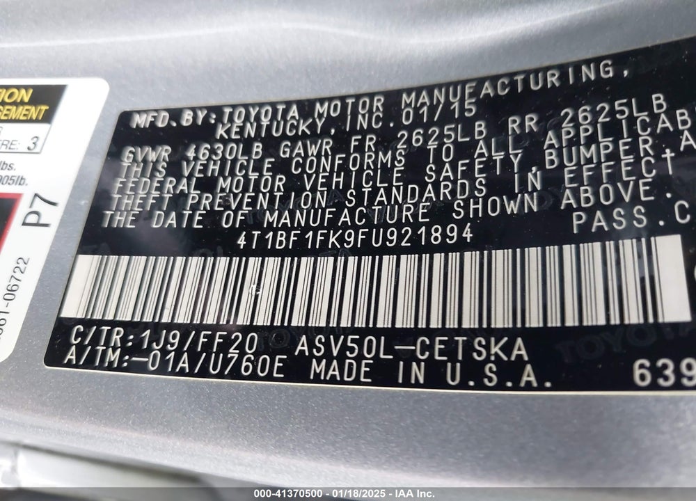 2015 TOYOTA CAMRY VIN: 4T1BF1FK9FU921894