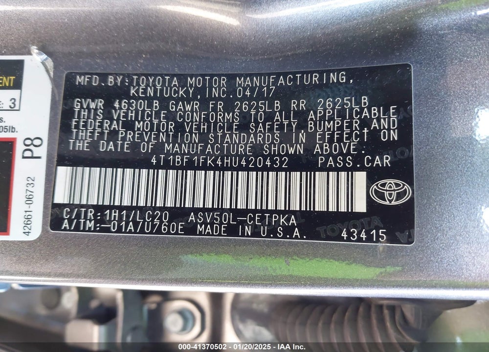 2017 TOYOTA CAMRY XSE VIN: 4T1BF1FK4HU420432