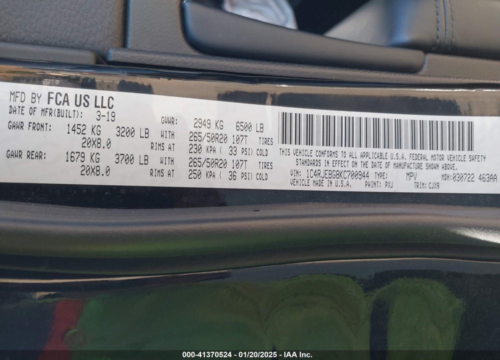 2019 JEEP GRAND CHEROKEE LIMITED 4X2 VIN: 1C4RJEBG8KC700944