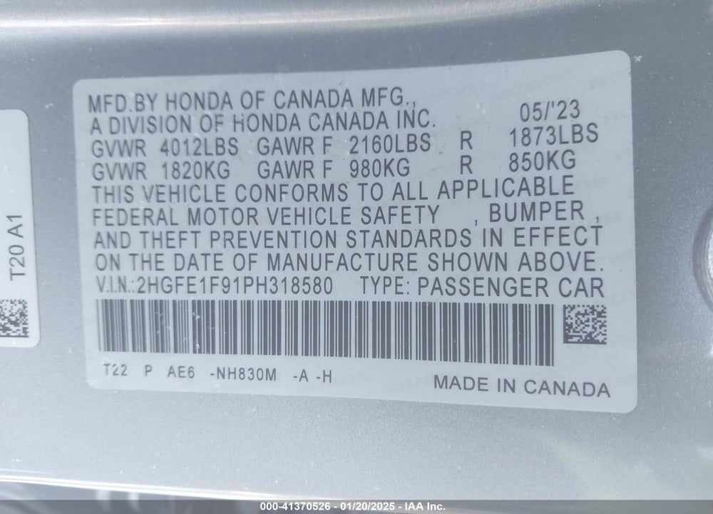2023 HONDA CIVIC VIN: 2HGFE1F91PH318580