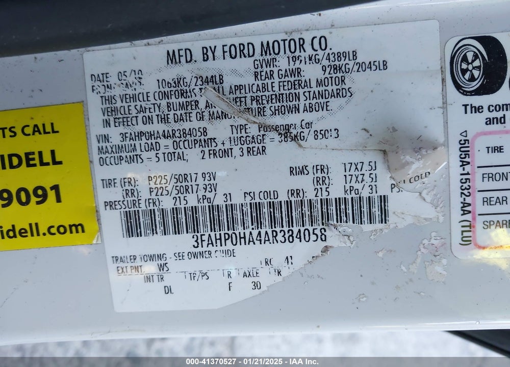 2010 FORD FUSION SE VIN: 3FAHP0HA4AR384058
