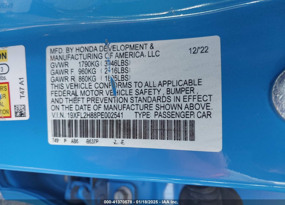 2023 HONDA CIVIC SPORT VIN: 19XFL2H88PE002541