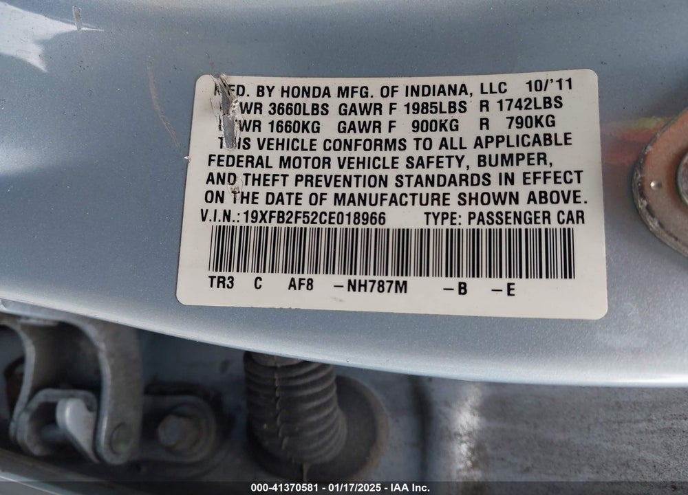 2012 HONDA CIVIC SDN LX VIN: 19XFB2F52CE018966