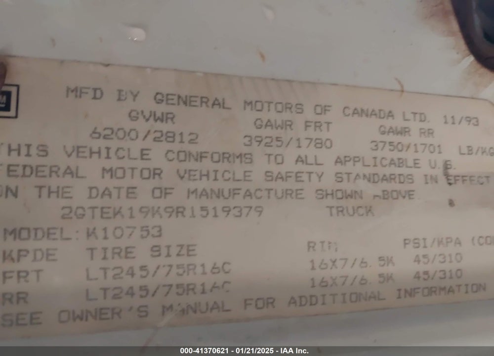 1994 GMC SIERRA K1500 VIN: 2GTEK19K9R1519379