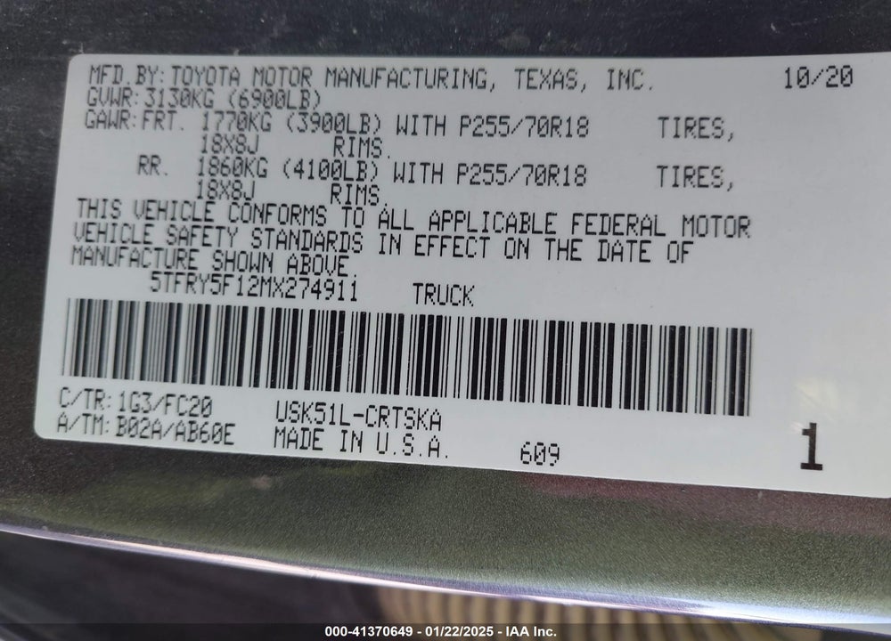 2021 TOYOTA TUNDRA VIN: 5TFRY5F12MX274911