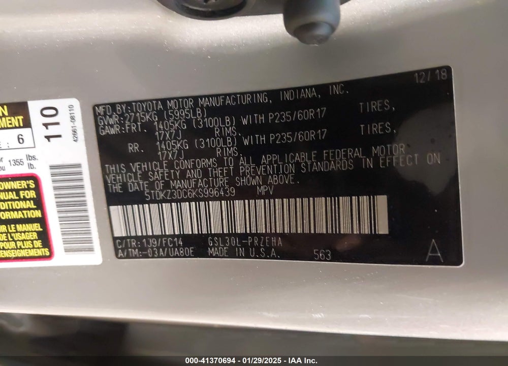 2019 TOYOTA SIENNA LE 8 PASSENGER VIN: 5TDKZ3DC6KS996439