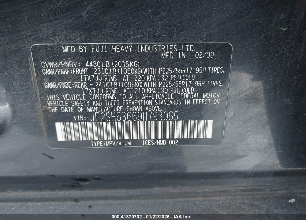 2009 SUBARU FORESTER 2.5X VIN: JF2SH63669H793065