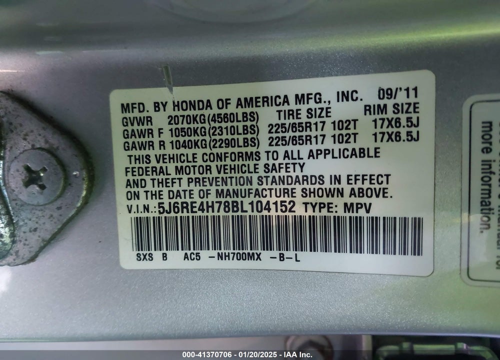 2011 HONDA CR-V EX-L VIN: 5J6RE4H78BL104152