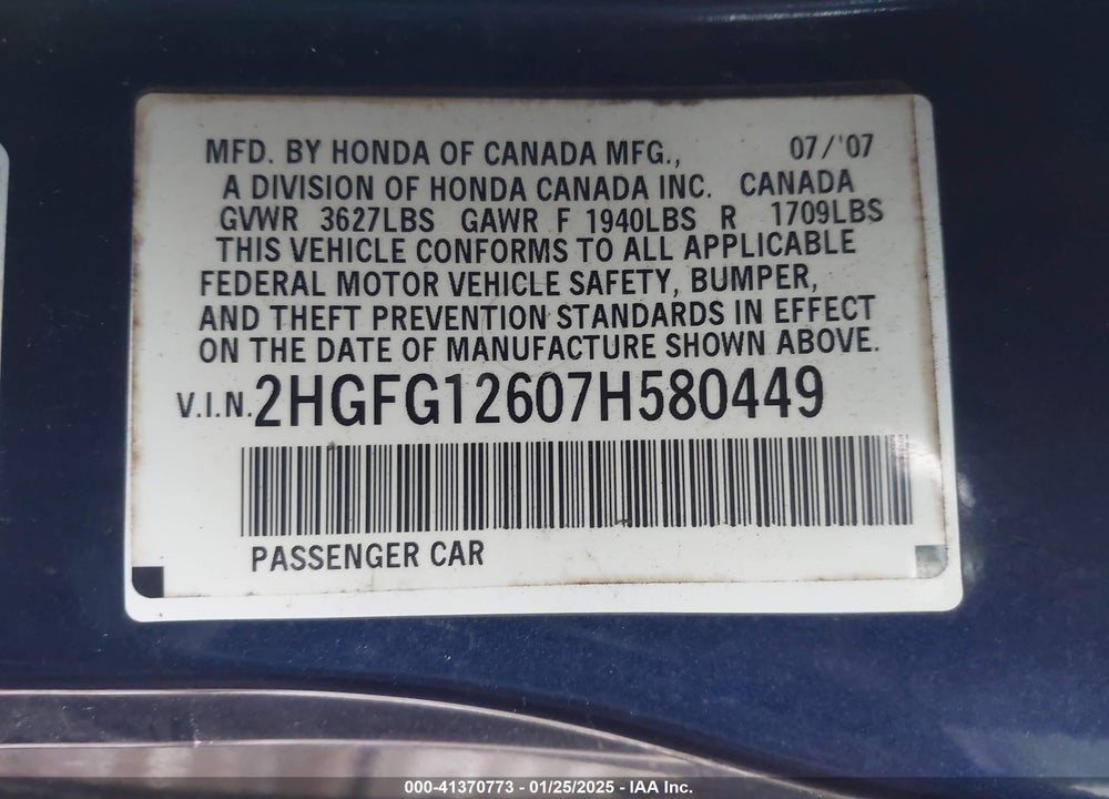 2007 HONDA CIVIC VIN: 2HGFG12607H580449