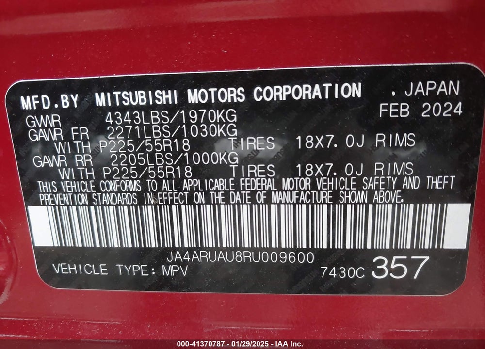 2024 MITSUBISHI OUTLANDER SPORT 2.0 ES AWC VIN: JA4ARUAU8RU009600