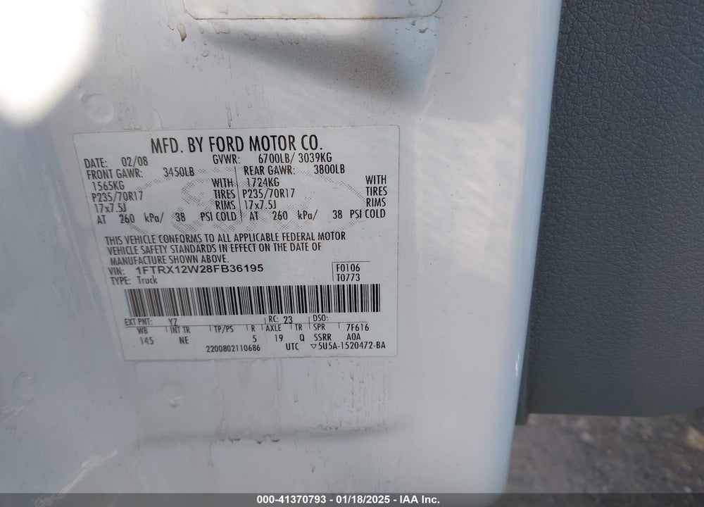 2008 FORD F-150 FX2/STX/XL/XLT VIN: 1FTRX12W28FB36195