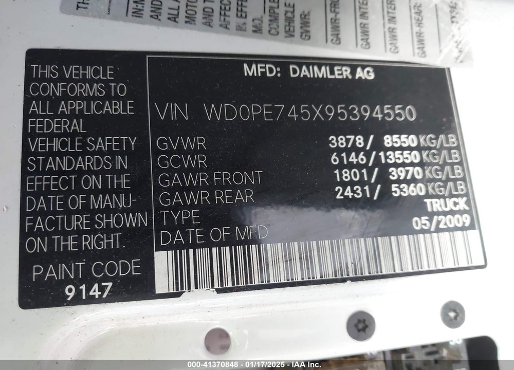 2009 DODGE SPRINTER VAN 2500 VIN: WD0PE745X95394550