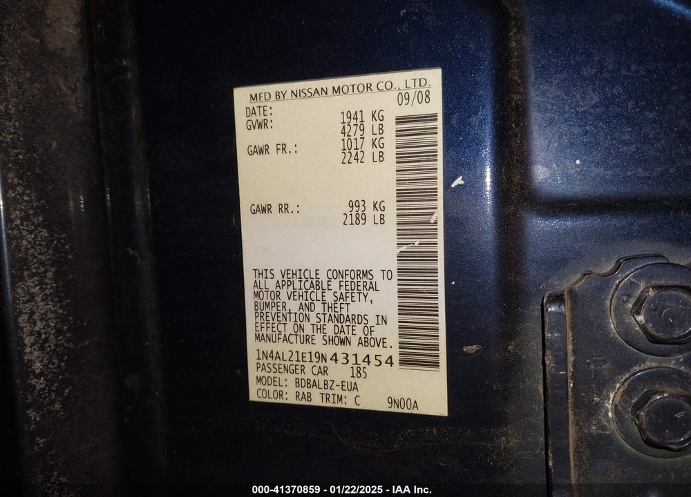 2009 NISSAN ALTIMA VIN: 1N4AL21E19N431454