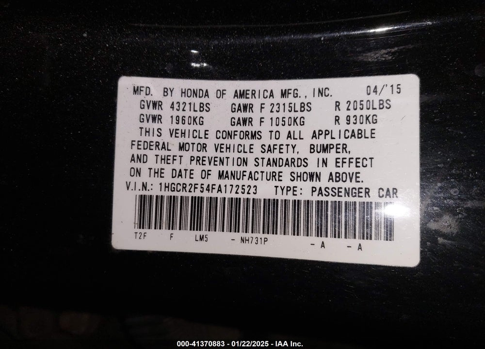 2015 HONDA ACCORD VIN: 1HGCR2F54FA172523