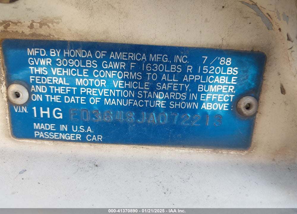 1988 HONDA CIVIC VIN: 1HGED3648JA072213