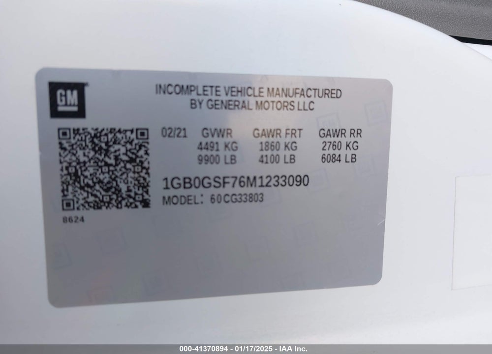 2021 CHEVROLET EXPRESS CUTAWAY WORK VAN VIN: 1GB0GSF76M1233090